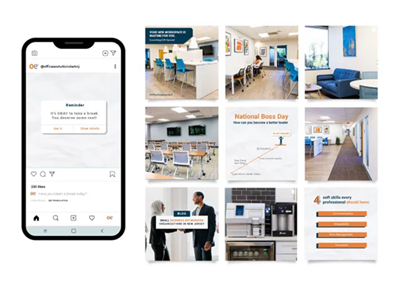 A smartphone displaying a social media post next to a grid of nine square images showing a professional office space.