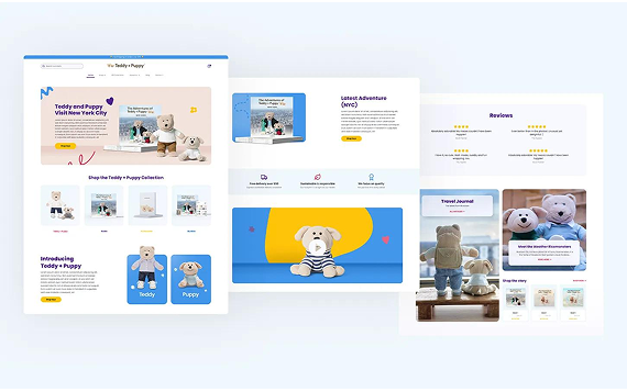 A website layout displaying plush teddy bear products with text, images, and brand sections in blue and white tones.