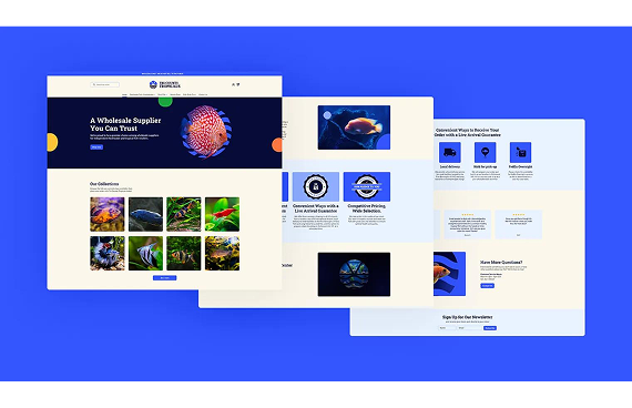 A mockup of a website design displayed across three stacked, layered web pages in shades of blue, white, and cream.