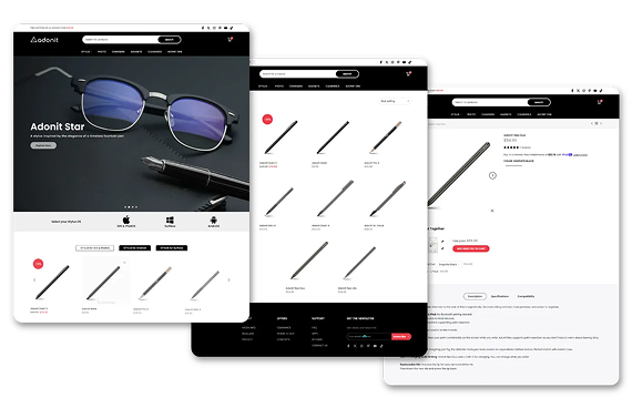 Three layered browser windows showing an e-commerce website for stylus pens and accessories.
