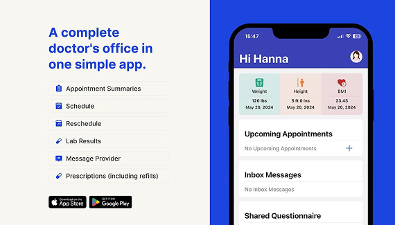 A smartphone displaying a medical app interface with a list of features, including appointment summaries and lab results.