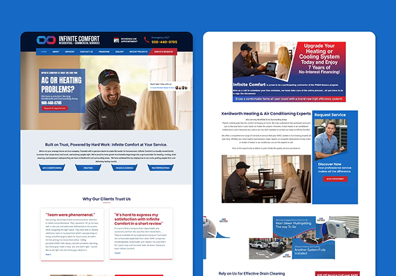 A side-by-side view of an HVAC company's website landing page showing service options, testimonials, and contact info.