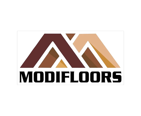 The Modifloors logo features a geometric mountain icon in brown and tan tones above the brand name in a bold black font.