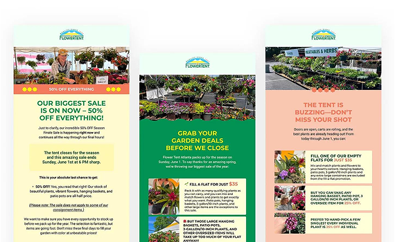 Three marketing email newsletters from a garden center advertising a 50% off storewide sale, ending June 7.