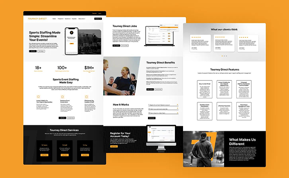 Three website page designs showcasing a business staffing service with white, black, and yellow accents on an orange background.