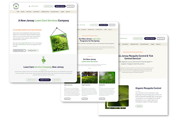 Three screenshots of a New Jersey lawn care service website featuring company branding, service info, and lush green imagery.