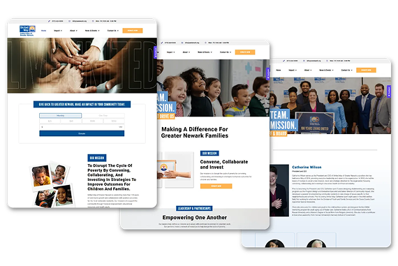 Three web pages showing a community organization's homepage, news section, and team page with photos of people.
