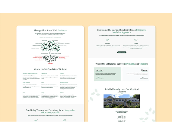 Two side-by-side web pages detailing a holistic medicine clinic, featuring a tree graphic and contact information.