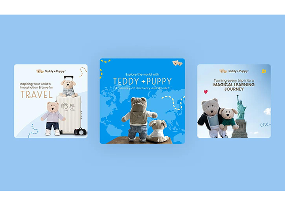 Three panels showing plush toys, Teddy and Puppy, on a blue background representing travel themes and world exploration.