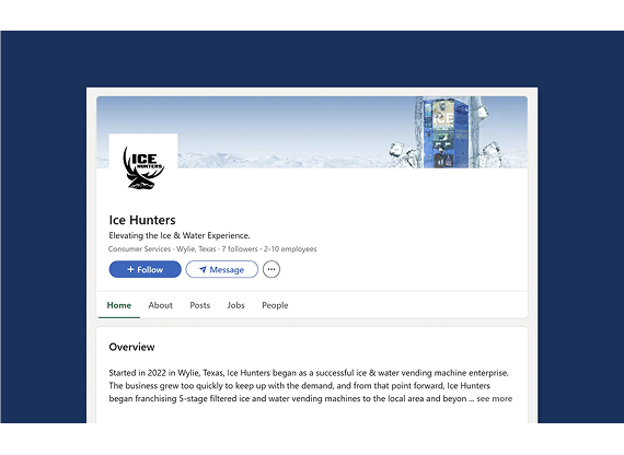 LinkedIn business profile page for Ice Hunters, featuring their logo, location, and a brief company overview.