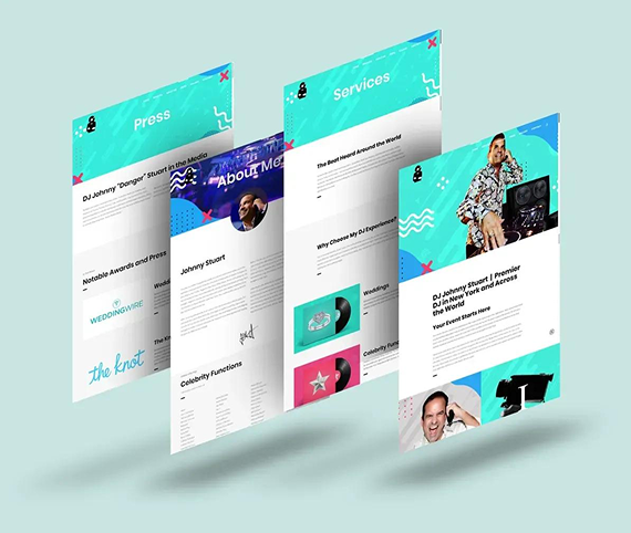 Four floating mobile app screens in a teal-themed layout showcasing a professional DJ's business profile and services.