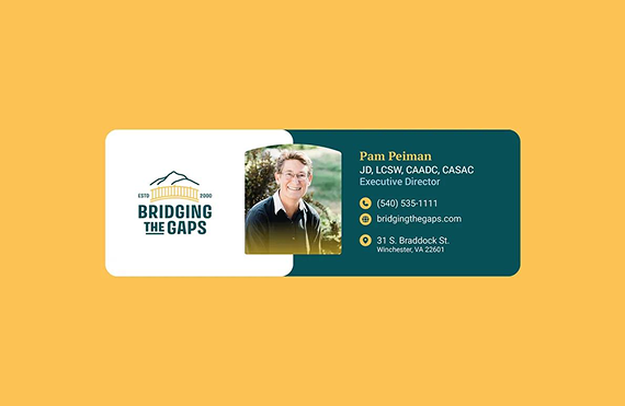 Business card for Bridging the Gaps showing a headshot of Pam Prinson, Executive Director, contact info, and address.