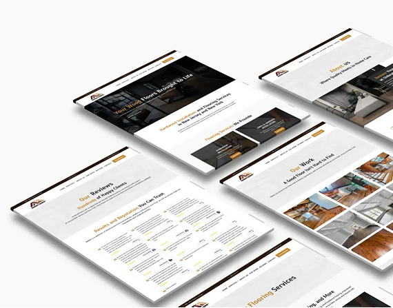 An isometric view of multiple website pages for a flooring company, displaying service descriptions, reviews, and images.