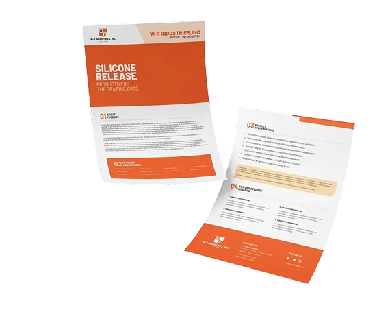 Two sheets of product information paper for Silicone Release with an orange and white theme, displayed against a white background.