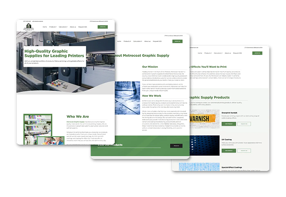 Three overlapping web pages showing a website for a company that provides graphic supplies for professional printers.