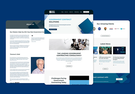 Three mobile-responsive website layout designs for a government contracting consultancy firm on a dark blue background.