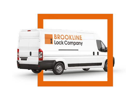 A white Brookline Lock Company delivery van framed by an orange square.