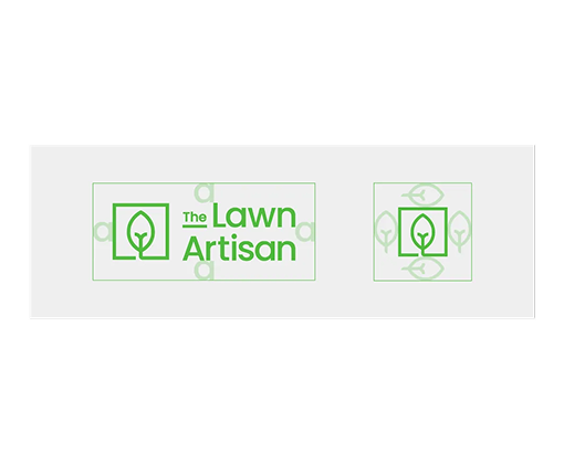 The Lawn Artisan logo in green with a square leaf icon next to the brand name and smaller surrounding leaf icons.