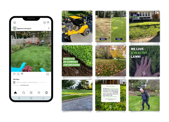 A phone screen showing an Instagram feed next to a grid of nine photos showcasing lawn care services and landscaping.