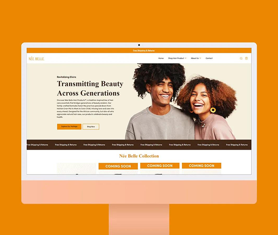 A computer monitor displaying a website homepage with a photo of two smiling people and 