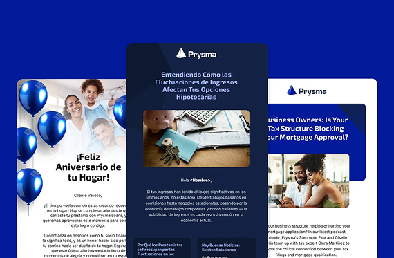 Three promotional flyers from Prysma with blue branding, focusing on mortgage-related content and financial advice.