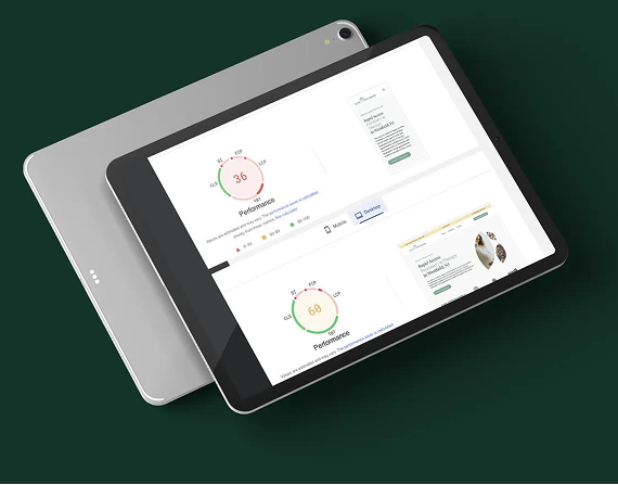 A silver tablet displayed at an angle over a dark green background, showcasing a screen with data-tracking interface charts.