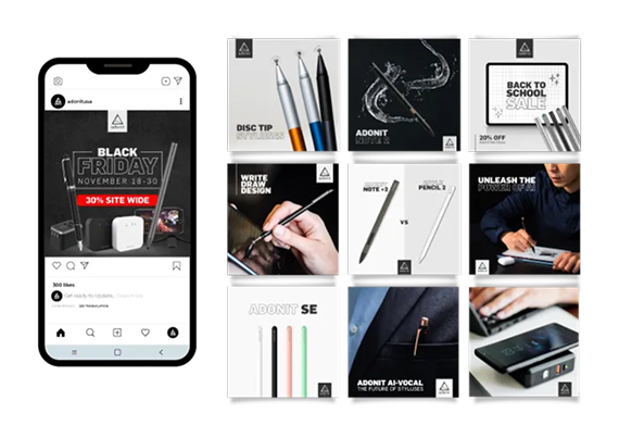 A smartphone displaying a Black Friday social media post next to a grid of various promotional images for Adonit styluses.