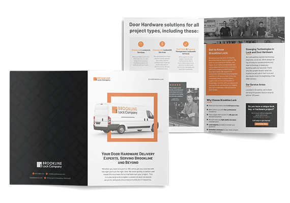 A marketing brochure for McShane and Company showing door hardware solutions and services across two open pages.