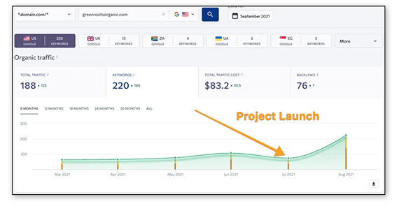 Analytics dashboard showing an upward trend in organic search traffic following a project launch date.