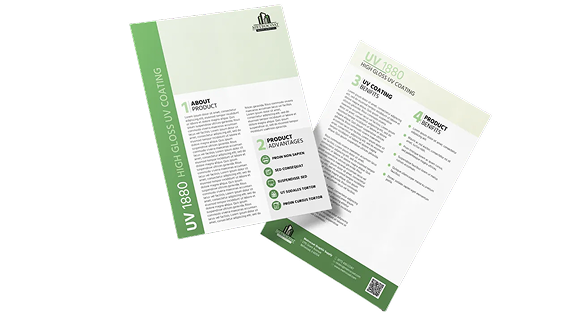 Two marketing brochures for UV Gloss coating, featuring green and white branding with numbered process steps.