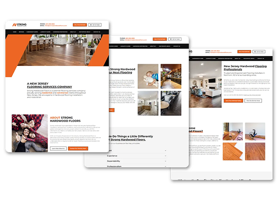 Three overlapping webpage mockups for Strong Hardwood Floors featuring photos of interior spaces and wood flooring samples.