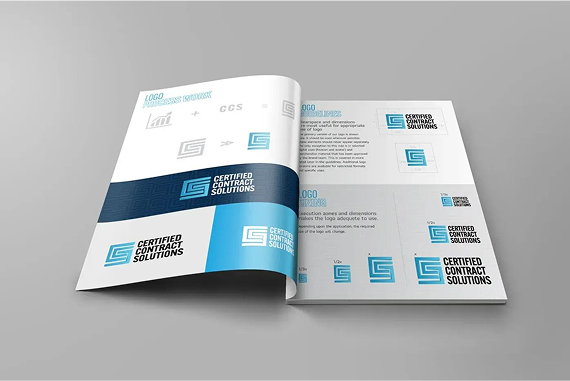 An open brand identity guideline booklet featuring the 