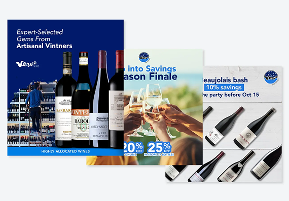 Three side-by-side promotional graphics for wine, featuring bottles and a celebratory toast, advertising seasonal sales.