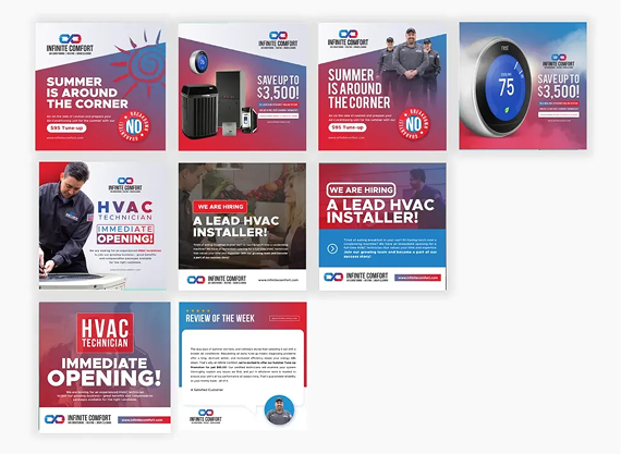 A grid of nine marketing graphics for an HVAC company featuring service advertisements, technician job openings, and logos.