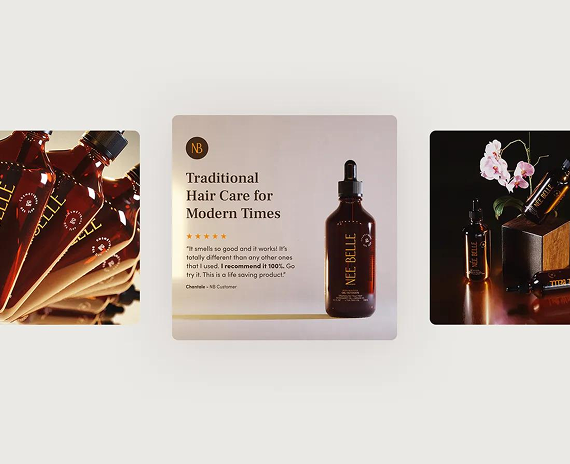 A carousel of three product images featuring amber glass bottles of hair oil, showcasing packaging and brand testimonials.