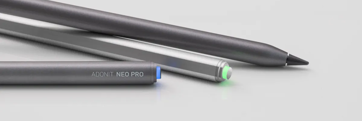 Three digital pens, one grey, one metallic, and one dark grey with a blue tip, arranged on a light grey background.