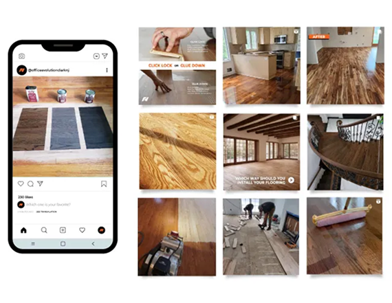 A smartphone display showing a social media profile grid featuring various home flooring renovation and installation photos.