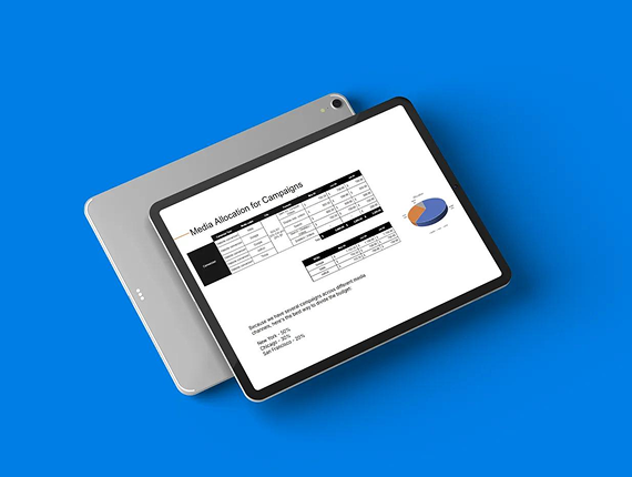 A tablet displaying a marketing media allocation table and pie chart, presented against a solid blue background.
