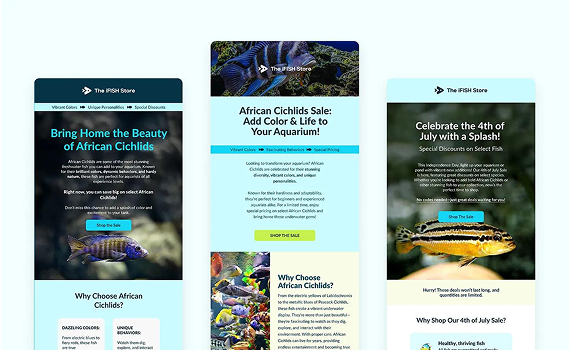 Three email newsletter templates from The Fish Store featuring African cichlids, promotions, and shop links.