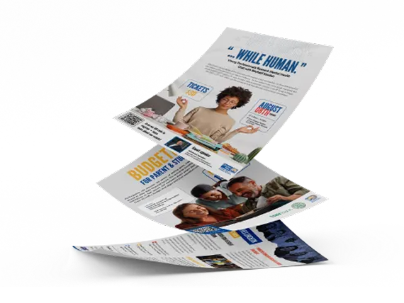 Three flyers floating at different angles, featuring marketing graphics, text, and photos of people.