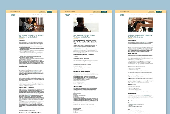 Three side-by-side screenshots of a website with articles about addiction treatment and rehab programs.