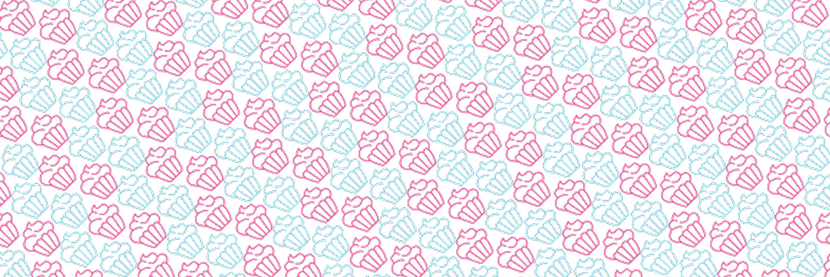 A repeating pattern of small, hand-drawn style cupcakes in light pink and soft blue on a white background.