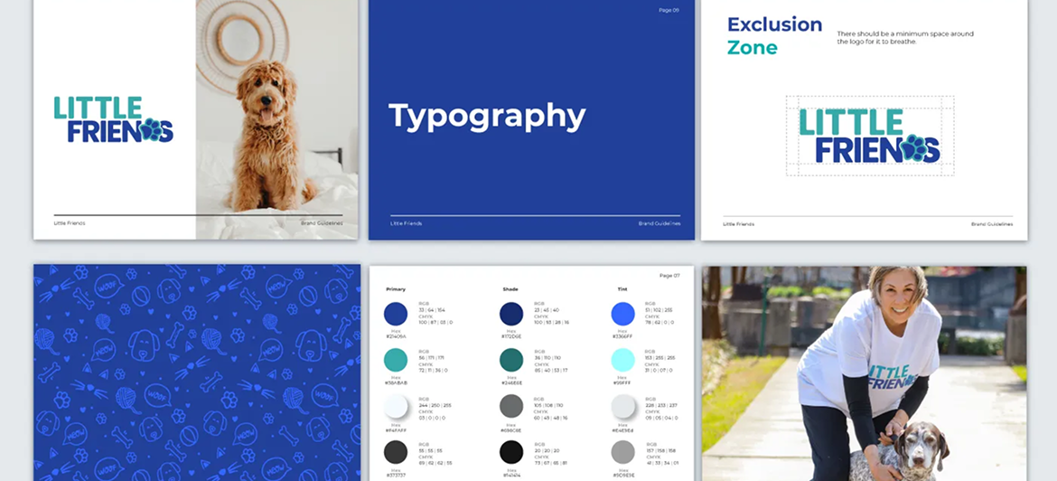 A six-panel brand identity presentation for Little Friends, featuring logos, typography, color palettes, and photography.