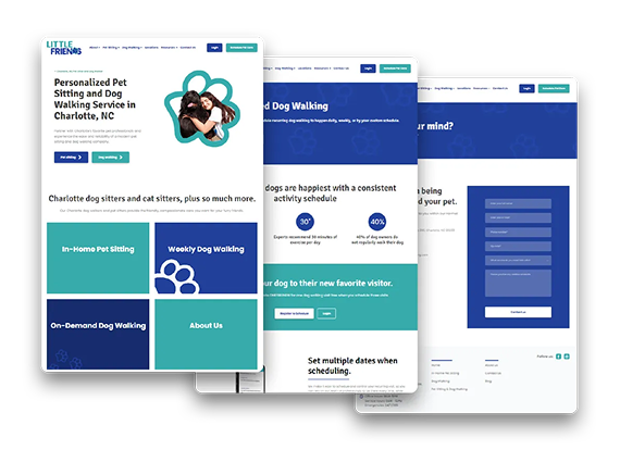 Three staggered webpage mockups for a pet sitting and dog walking service, featuring teal and dark blue color branding.
