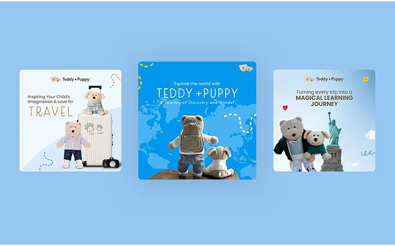Three social media posts featuring plush toys traveling, with branding for 