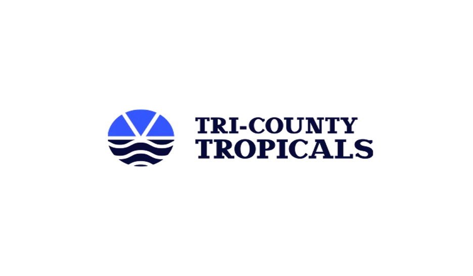 The logo for Tri-County Tropicals, featuring a blue circular icon with wavy lines above text in dark blue.