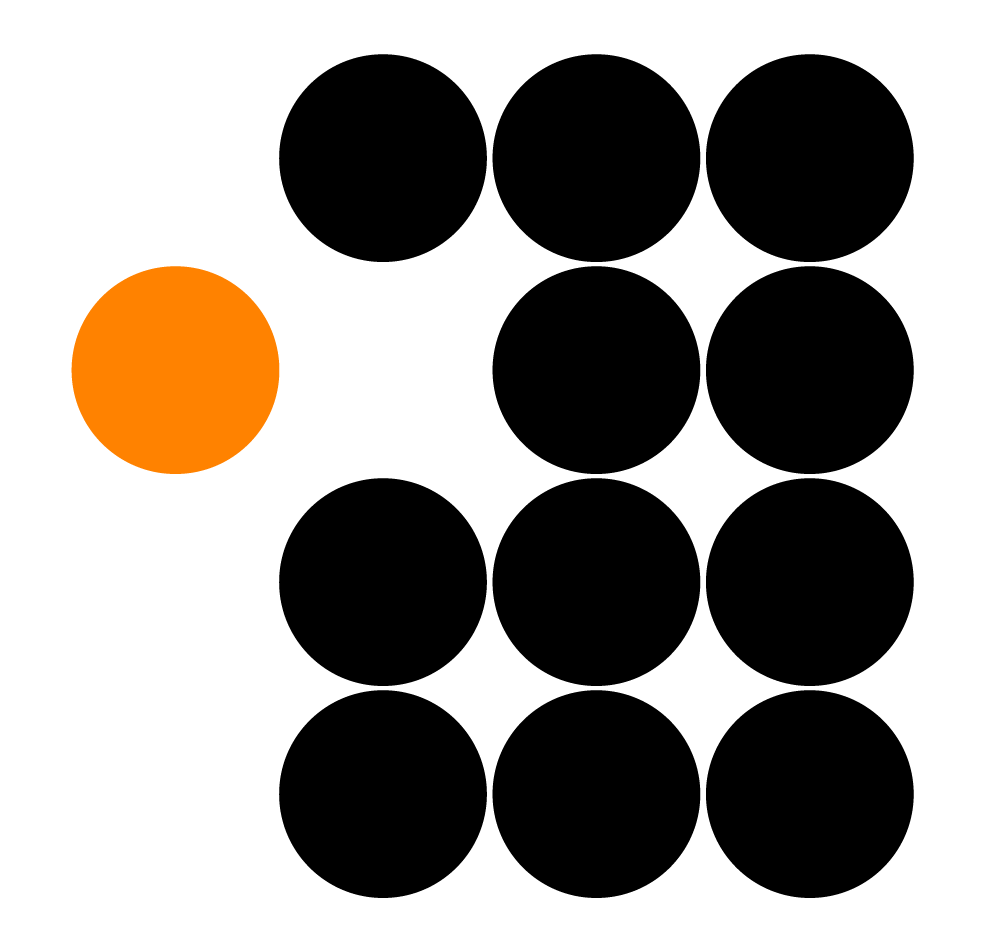 A grid of ten black circles arranged in three columns, with one orange circle offset to the left in the middle row.