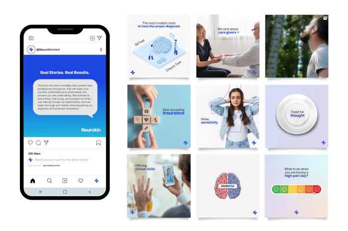 Smartphone showing a Neuron post. Grid of nine related images, including brain diagrams, people, and device.