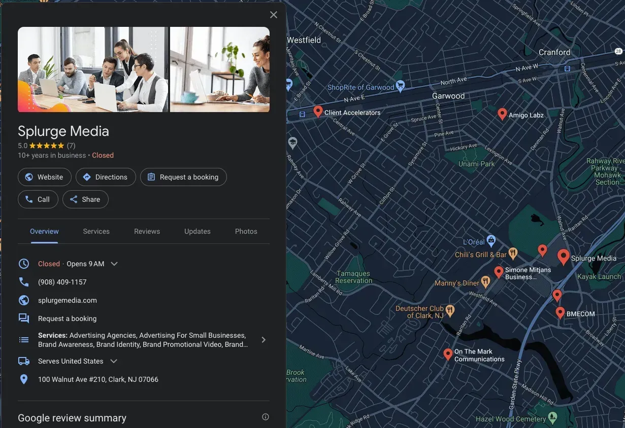 A Google Maps business profile for Splurge Media, showing contact details and location pins on a dark mode map.