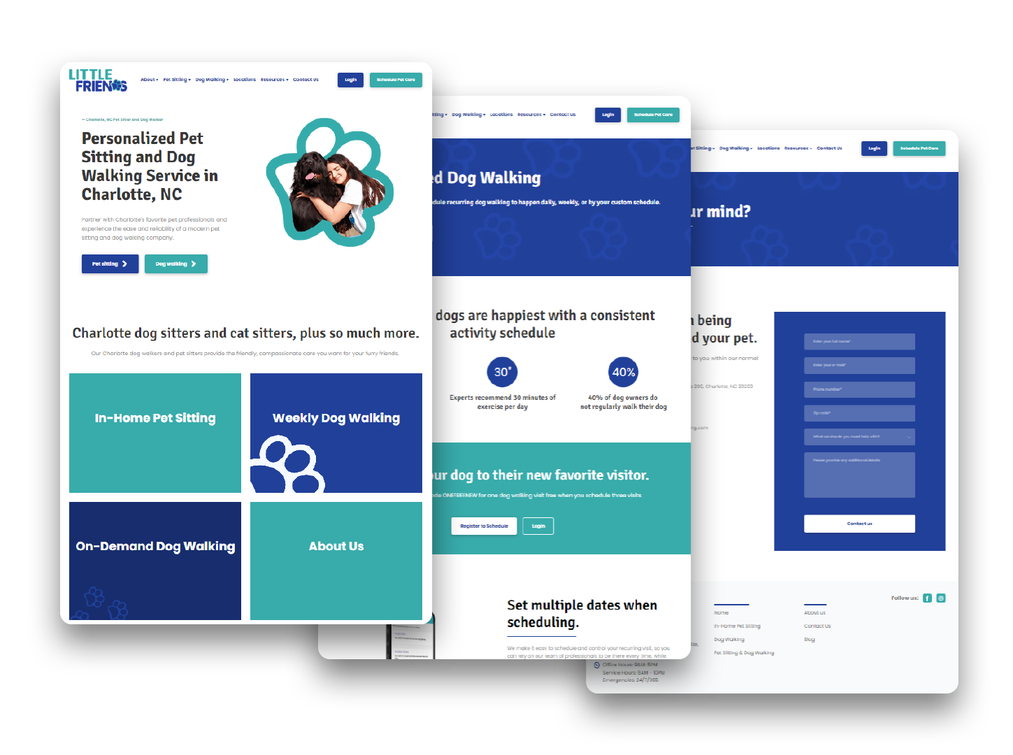 Three screen views of a pet sitting and dog walking website featuring a blue and teal color scheme.